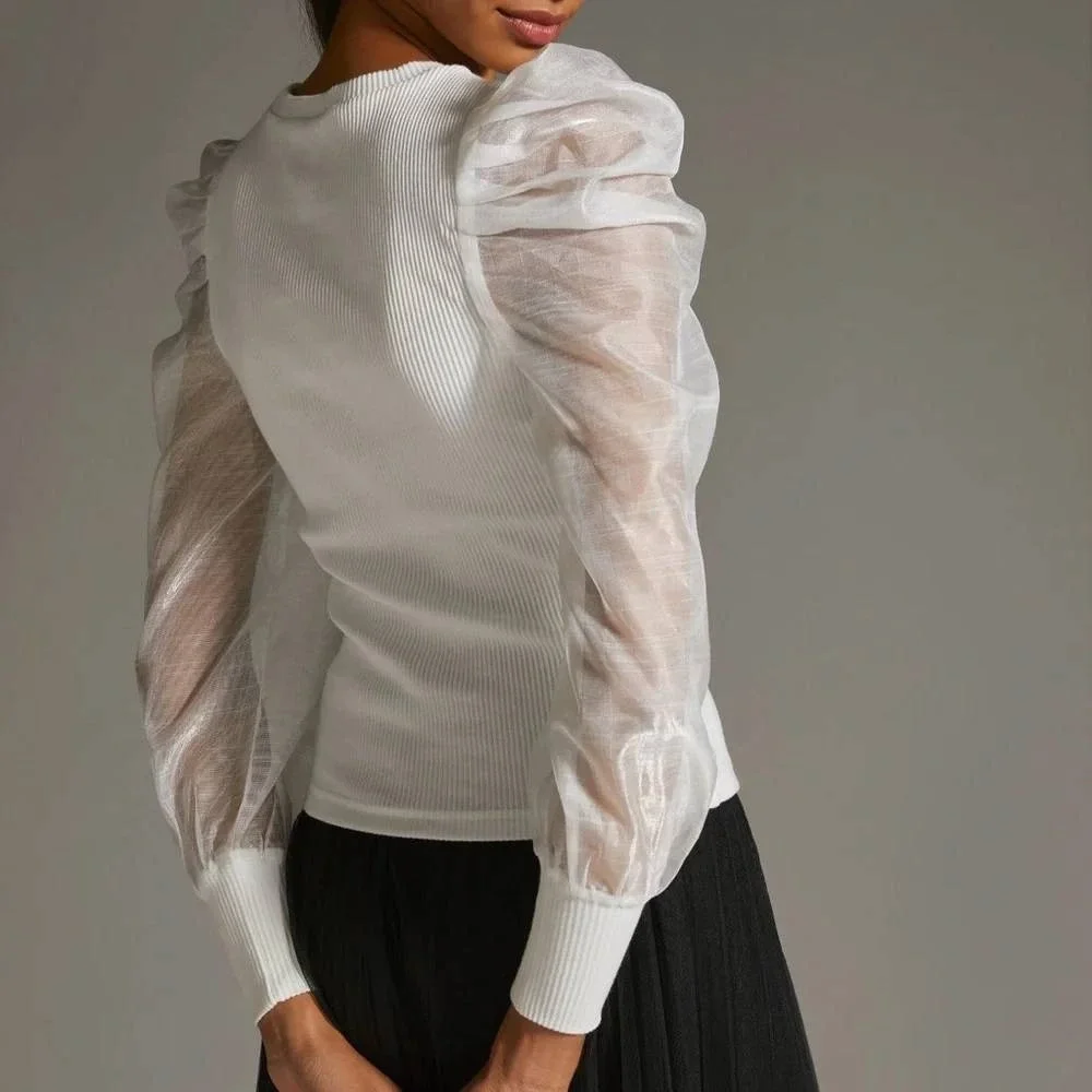 NWT Anthropologie Dolan Left Coast Ribbed Puff Sheer Sleeve Top‎ White Blouse XS